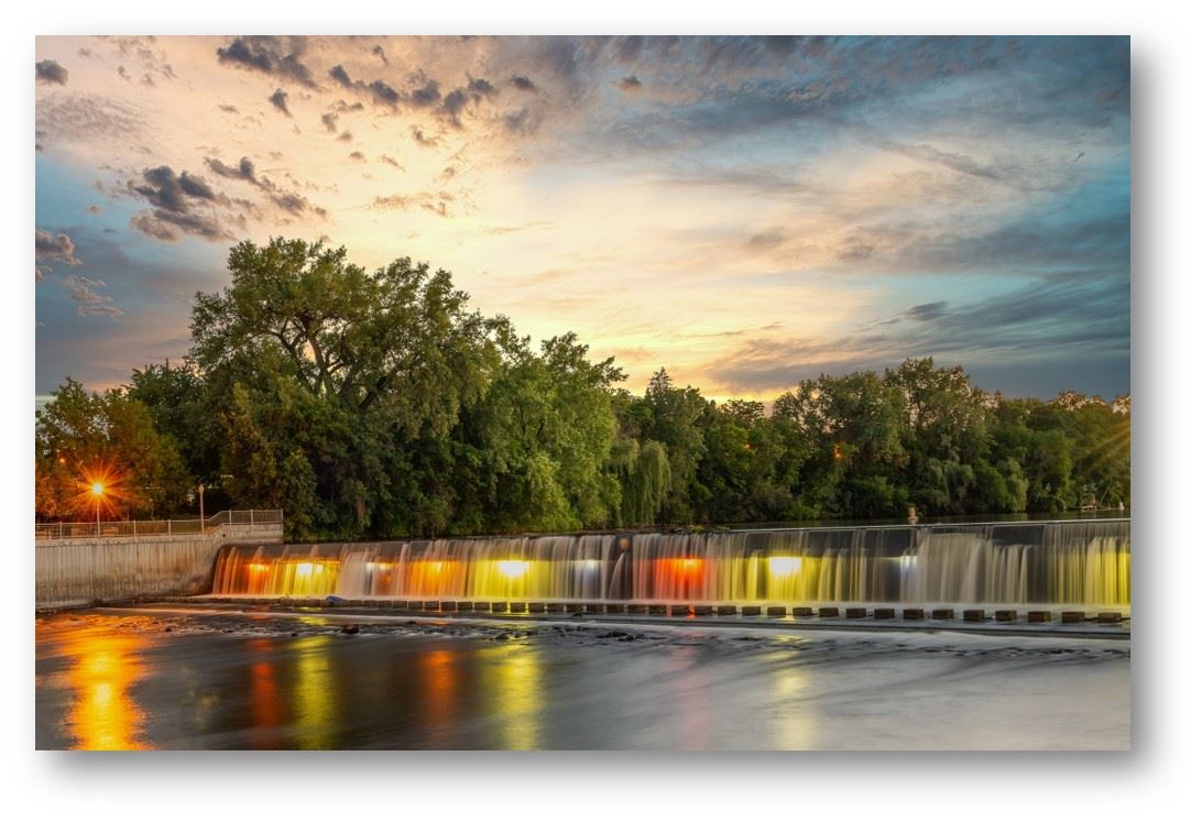 Rum River Dam lit up at night
